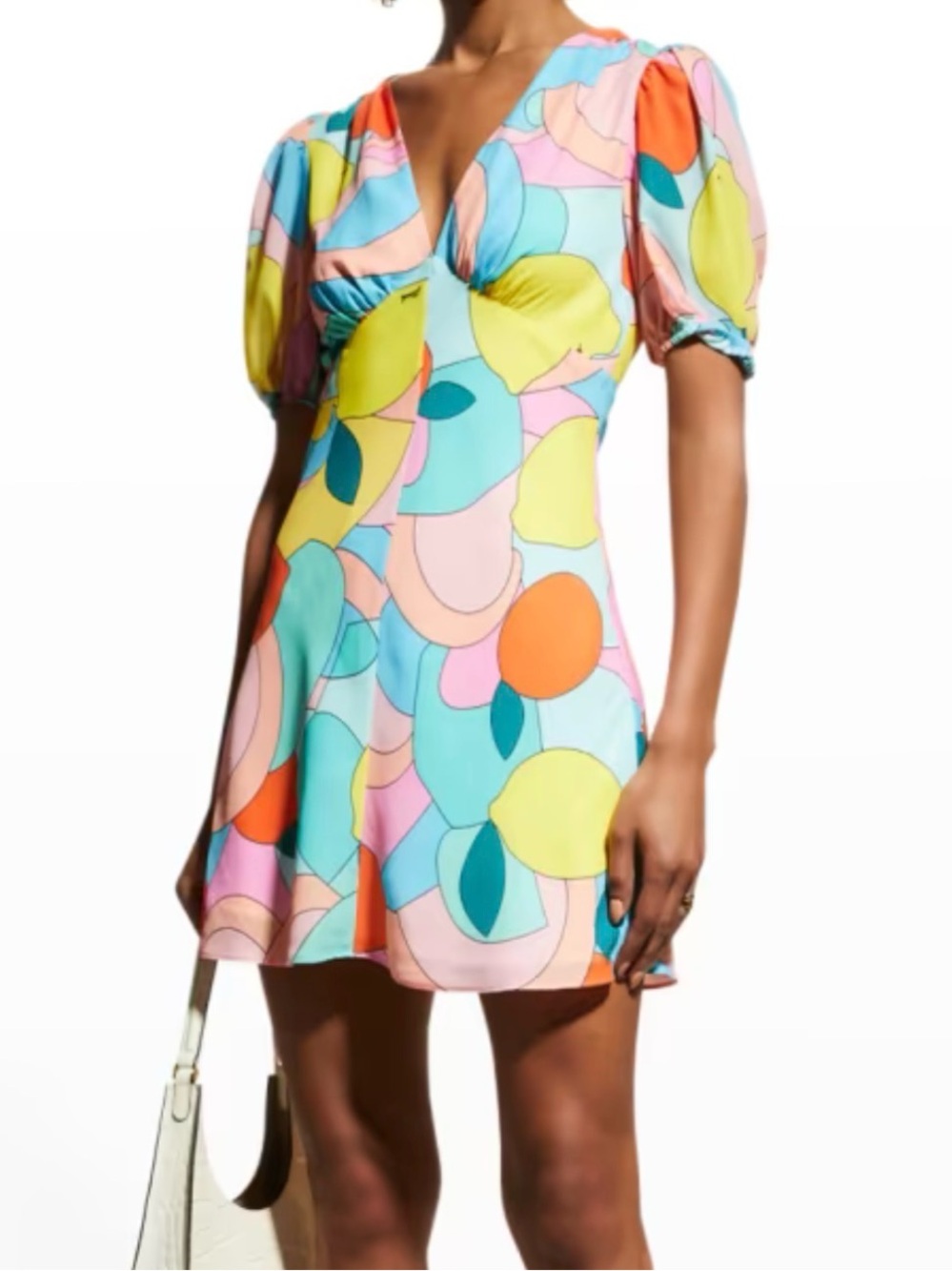Staud Milla Mini Dress in Citrus Kaleidoscope.